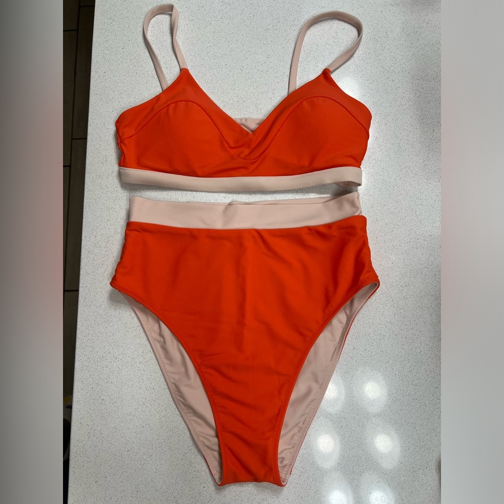 NWOT UpWest Bralette Swim Top and High-Rise Swim Bottom in coral orange